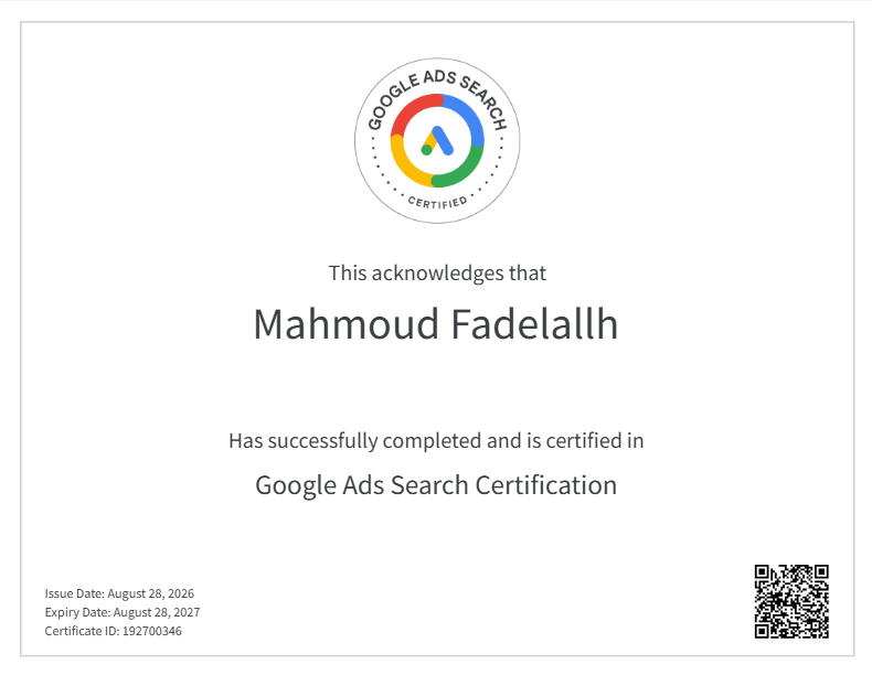 Google Ads Search Certification issued August 28, 2026