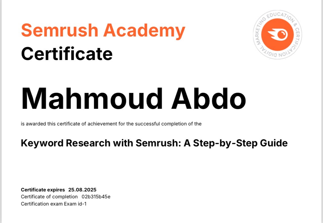 Semrush Keyword Research certificate
